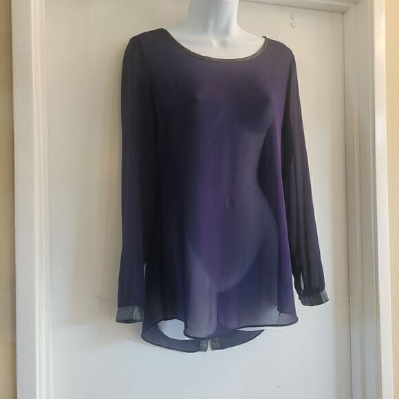 Tory burch sheer royal purple blouse with metallic accents & buttons up the back - Picture 3 of 10